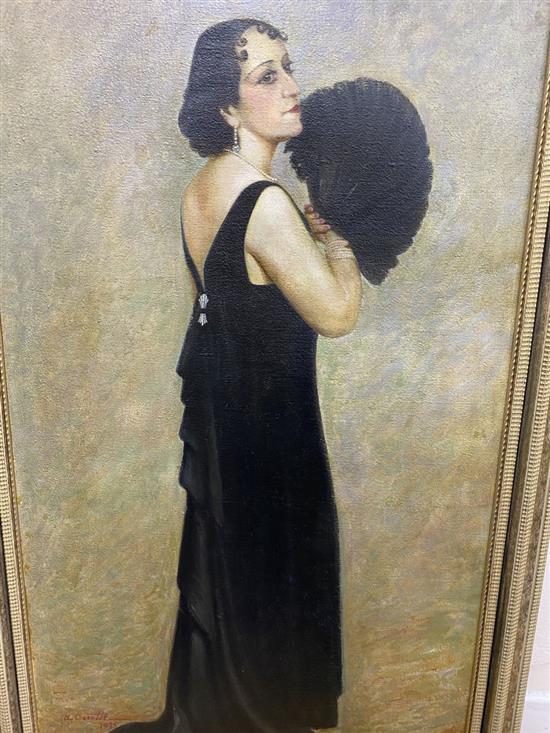 A. Carotti, oil on canvas, Full length portrait of a lady holding a feather fan, signed and dated 1935, 140 x 62cm